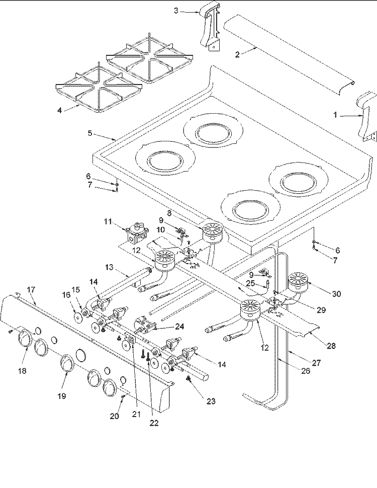 Main Top and Backguard Diagram and Parts List for ARO3400W P1143335N W Amana Range