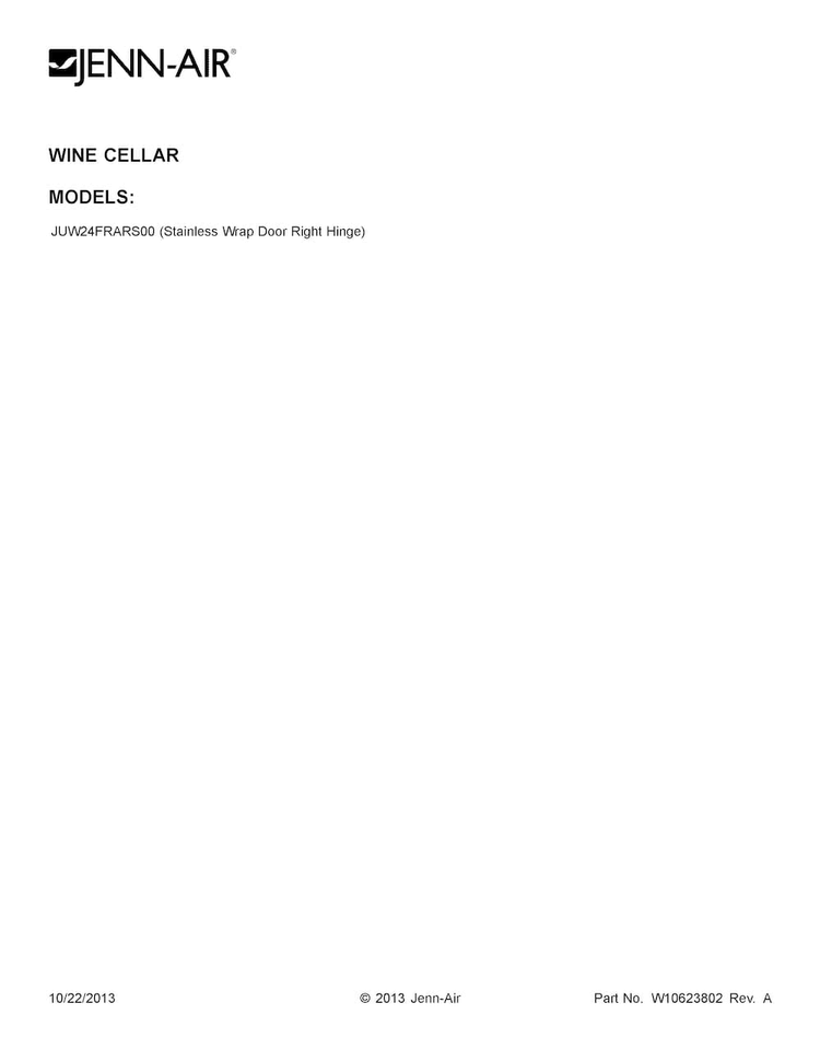 Cover Sheet Diagram and Parts List for JUW24FRARS00  Jenn-Air Wine and Beverage Cooler