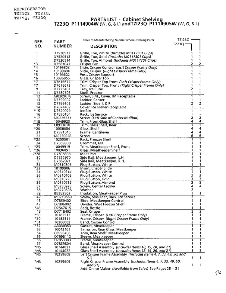 Cabinet Shelving Page 6 Diagram and Parts List for TZ21Q  Amana Refrigerator