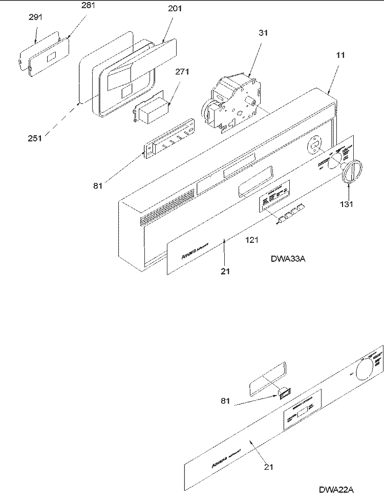 Control Panel Diagram and Parts List for DWA33AW P1318604W Amana Dishwasher