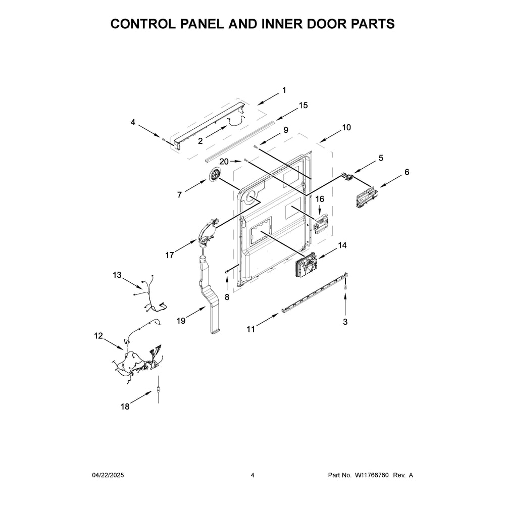 Control Panel And Inner Door Parts Diagram and Parts List for JDTS3924SL0  Jenn-Air Dishwasher