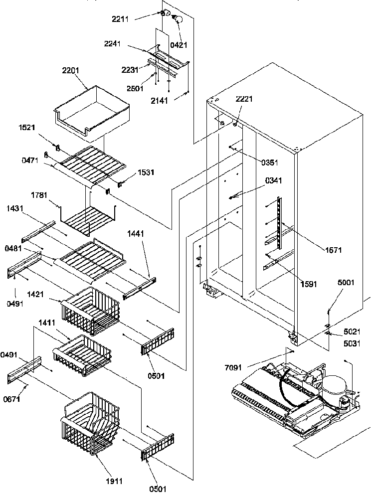 Freezer Shelves And Light Diagram and Parts List for SBI20S2W-P1190710WW  Amana Refrigerator