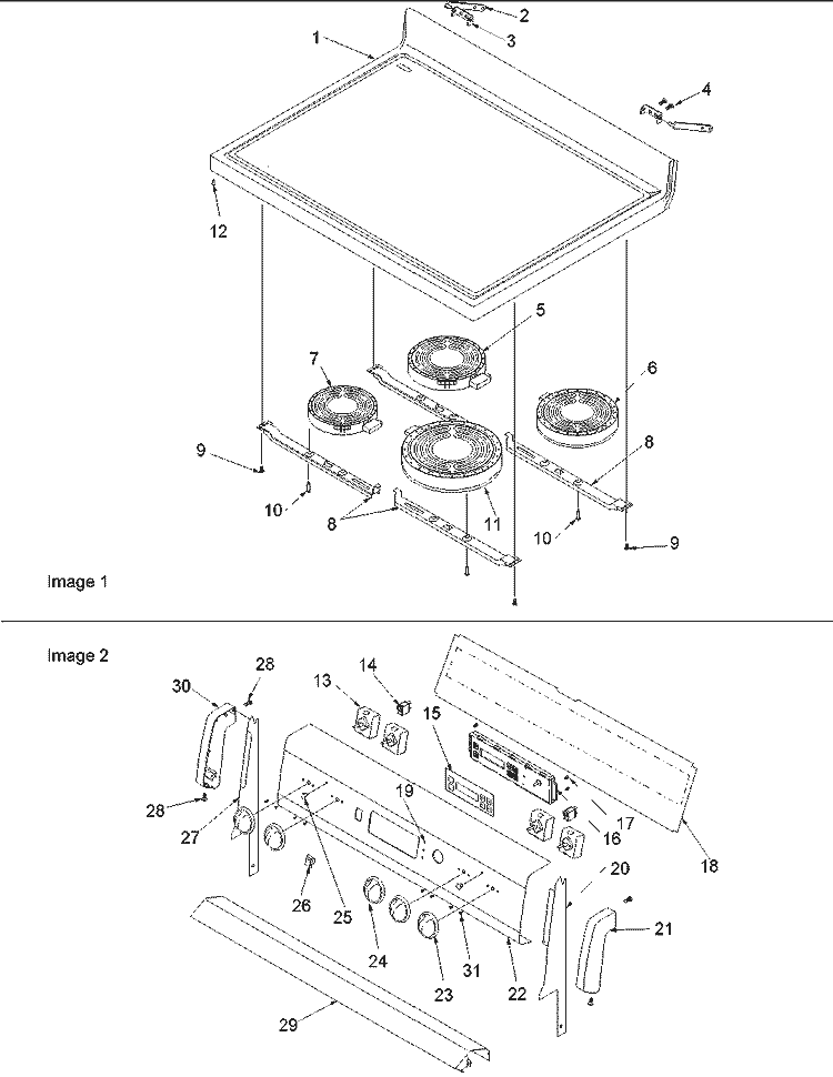 Main Top and Backguard Diagram and Parts List for ART612ECC P1143813NCC Amana Range