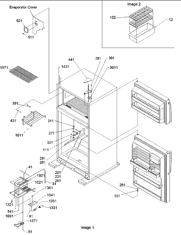 Door Hinges, Fz Duct, MK Cont Assy Diagram and Parts List for TN21V2C P1315907W C Amana Refrigerator