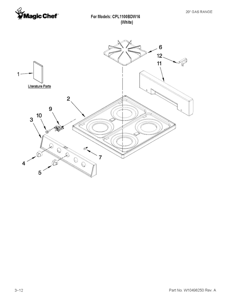Cooktop Parts Diagram and Parts List for CPL1100BDW16  Magic Chef Range