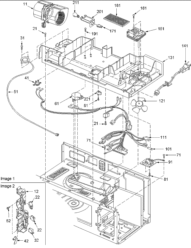 Blower Motor, Air Duct and Latch Assy Diagram and Parts List for MVH350E P1323206M Amana Microwave