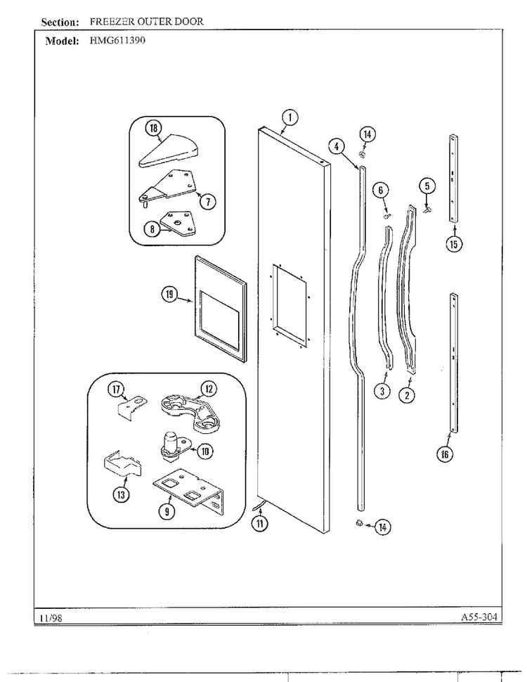Freezer Outer Door Diagram and Parts List for HMG611390  Admiral Refrigerator