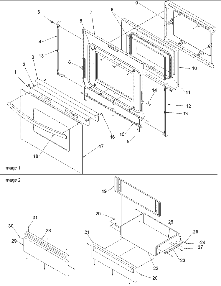 Oven Door and Storage Drawer Diagram and Parts List for ARTC8621CC P1143856NCC Amana Range