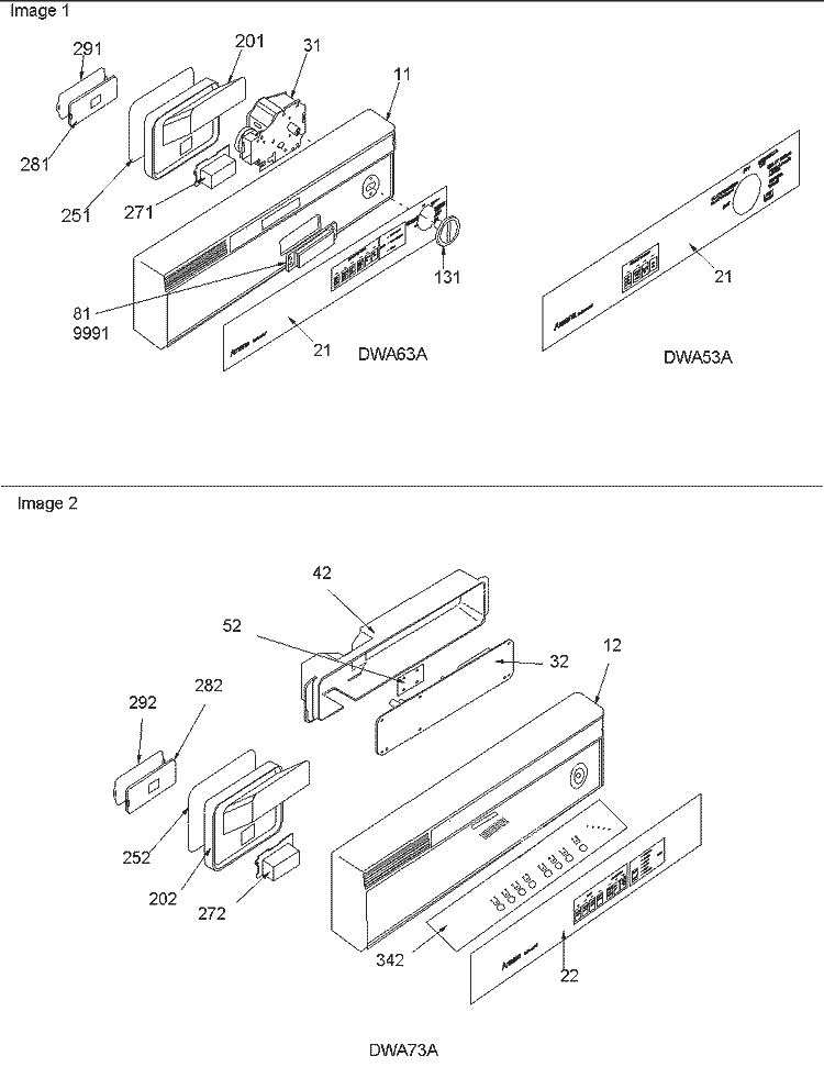 Control Panel Diagram and Parts List for DWA63AB P1318631W Amana Dishwasher