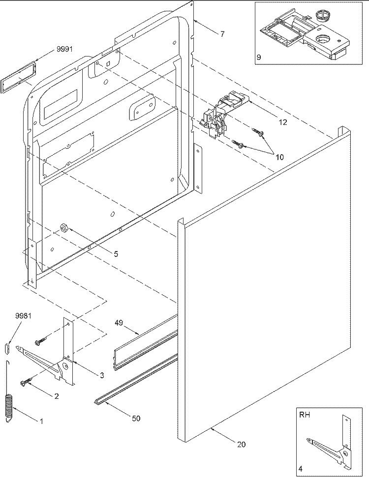 Door Diagram and Parts List for DWA63AB P1318631W Amana Dishwasher