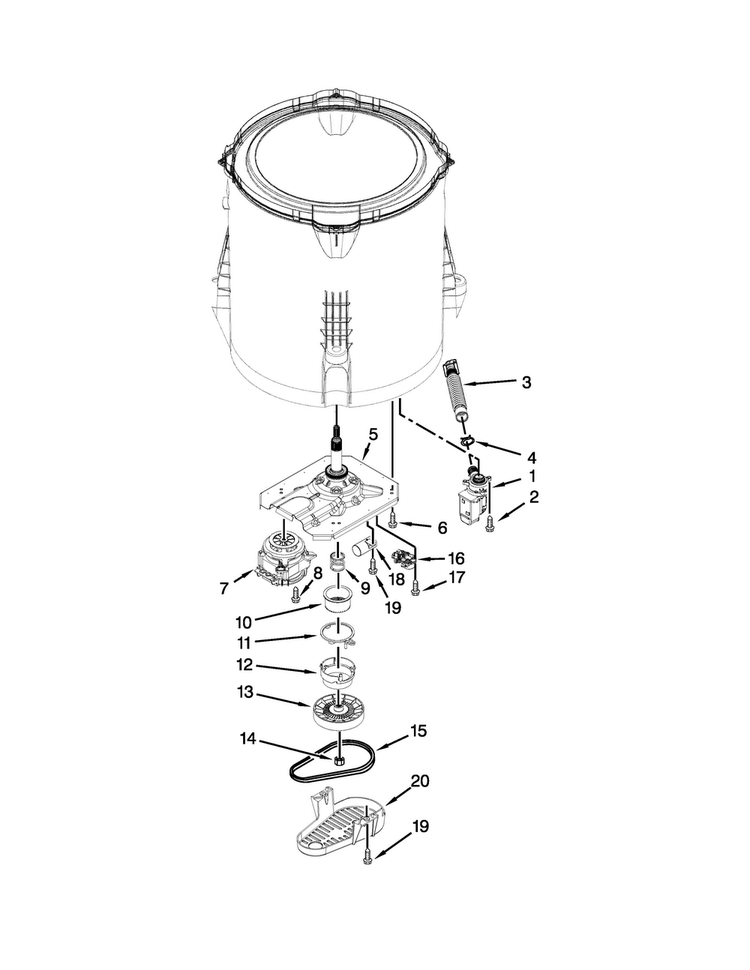 Gearcase, Motor And Pump Parts Diagram and Parts List for 4KMVWX505BW0  Maytag Washer