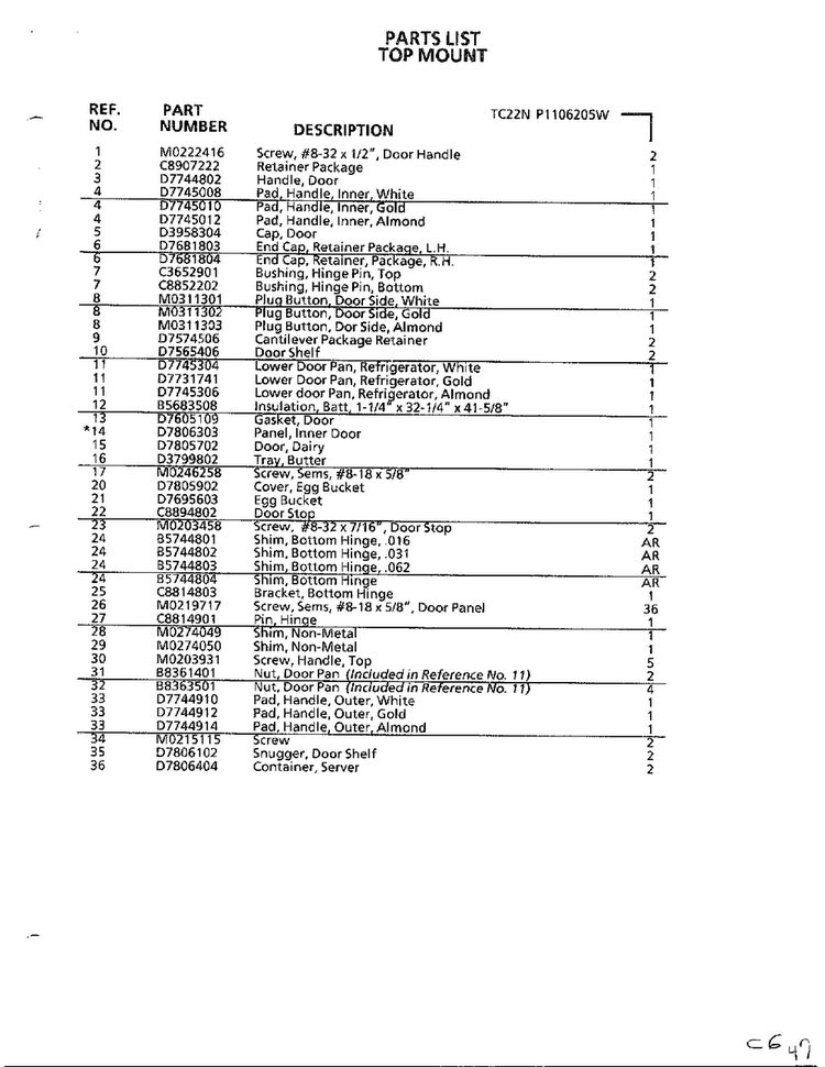 Top Mount Page 28 Diagram and Parts List for TC22N-P116205W  Amana Refrigerator