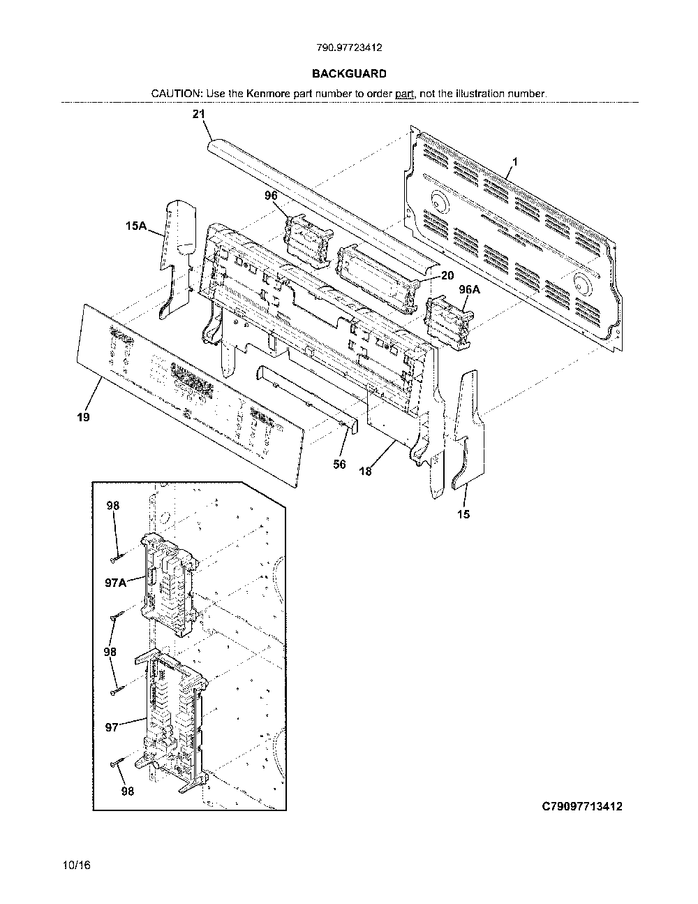 Backguard Diagram and Parts List for 79097723412  Kenmore Range