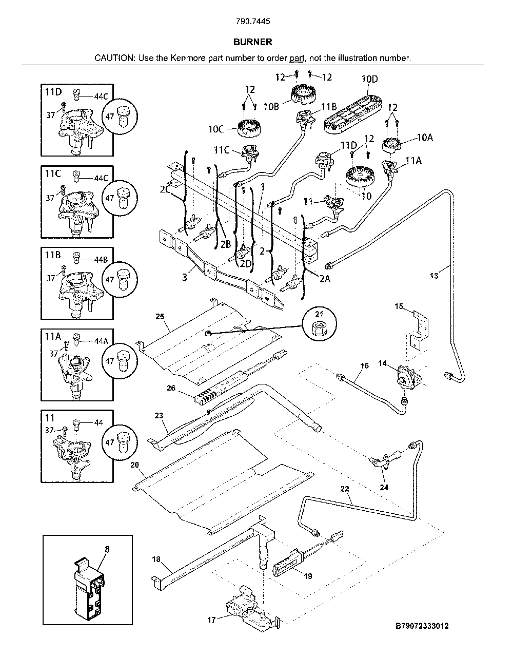 Burner Diagram and Parts List for 79074457810  Kenmore Range
