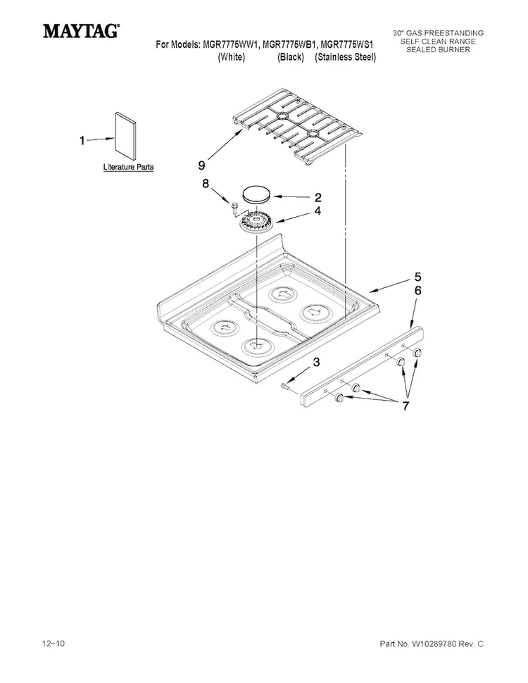 Cooktop Parts Diagram and Parts List for MGR7775WB1  Maytag Range