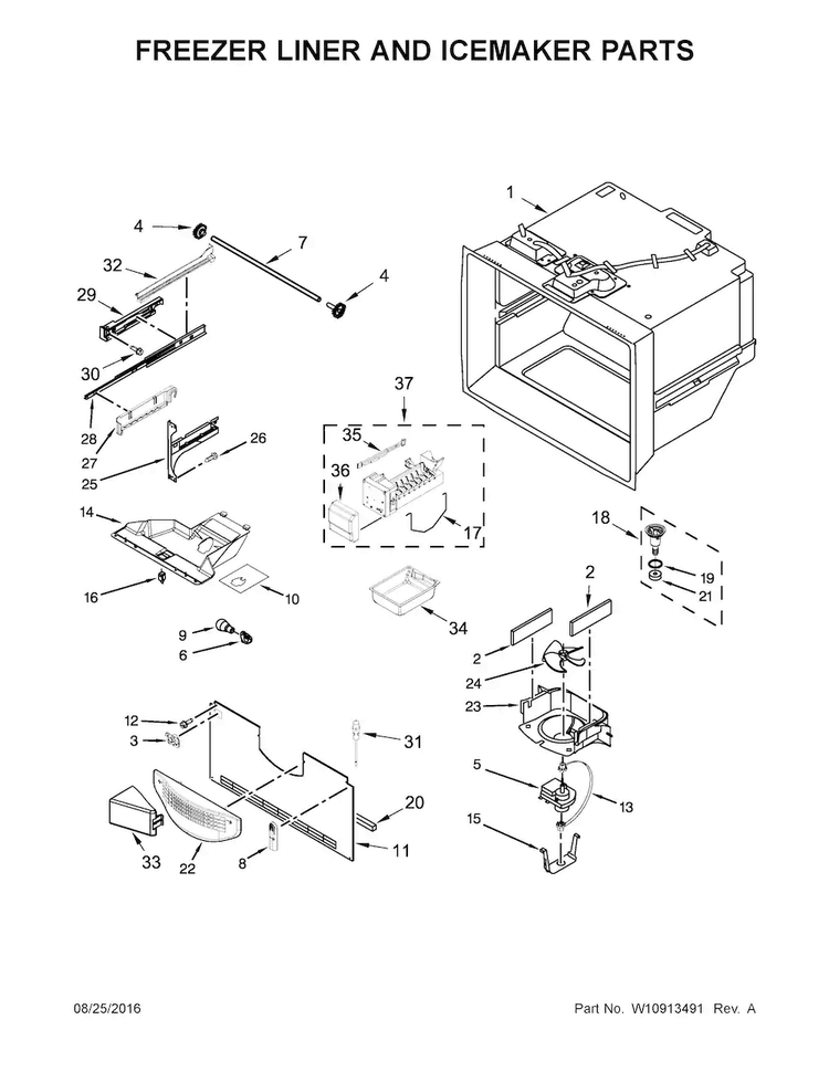 Freezer Liner And Icemaker Parts Diagram and Parts List for MFF2258FEZ00  Maytag Refrigerator