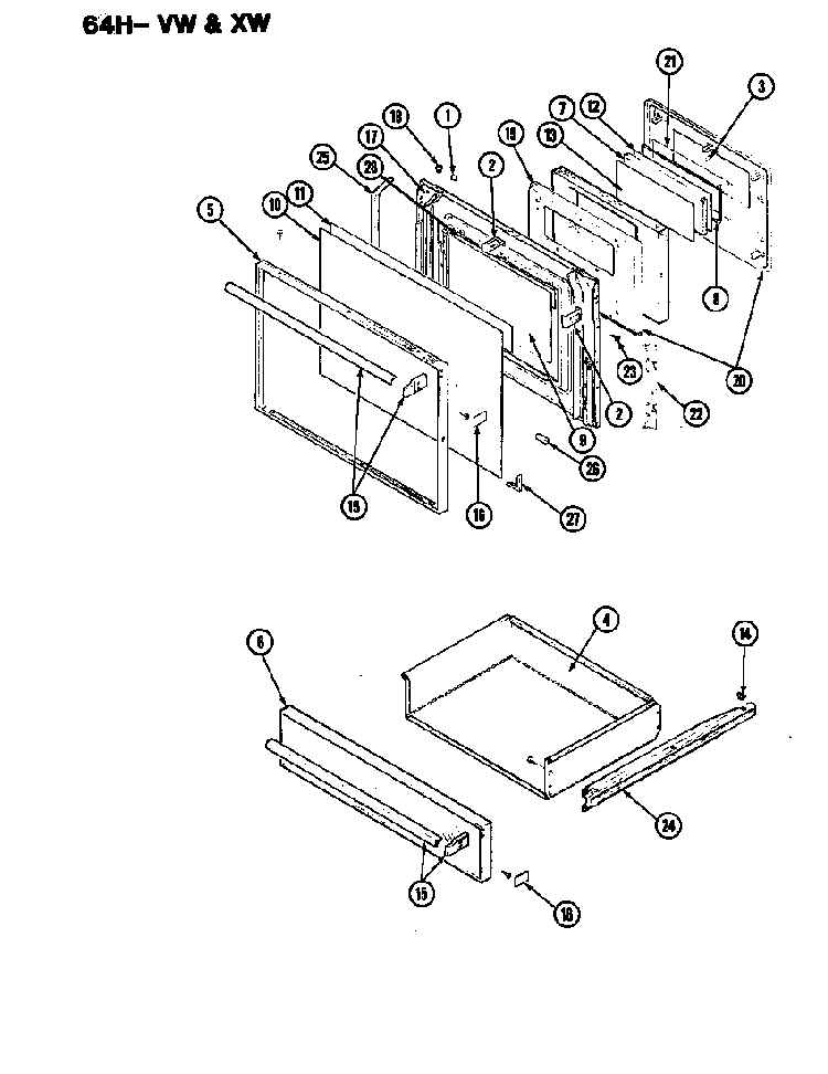 Door Parts Diagram and Parts List for 64HN-4TKVW-EV  Magic Chef Range