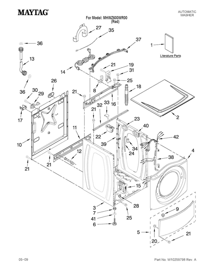Top And Cabinet Parts Diagram and Parts List for MHWZ600WR00  Maytag Washer