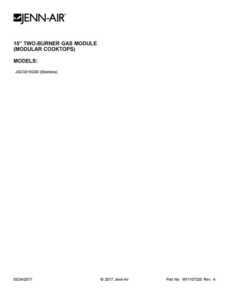 Cover Sheet Diagram and Parts List for JGC3215GS0  Jenn-Air Cooktop