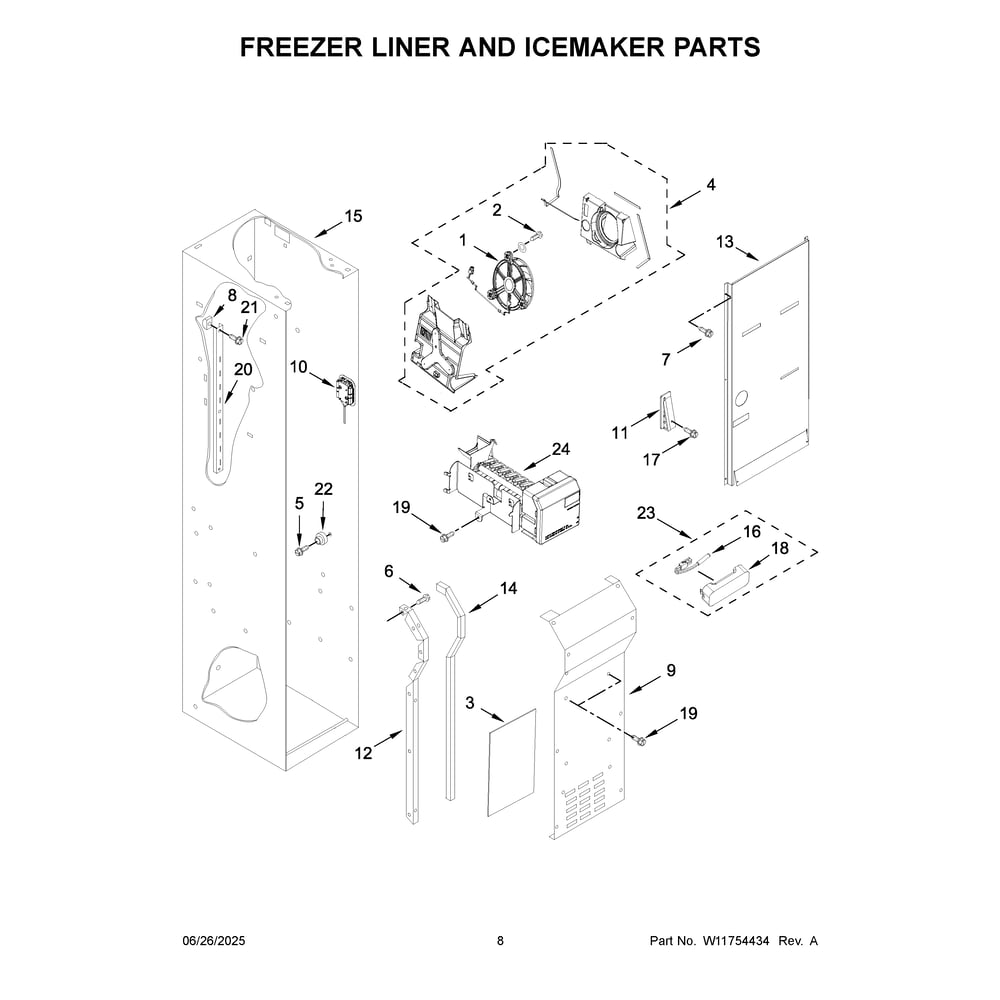 Freezer Liner And Icemaker Parts Diagram and Parts List for JBSFS48NMX01  Jenn-Air Refrigerator
