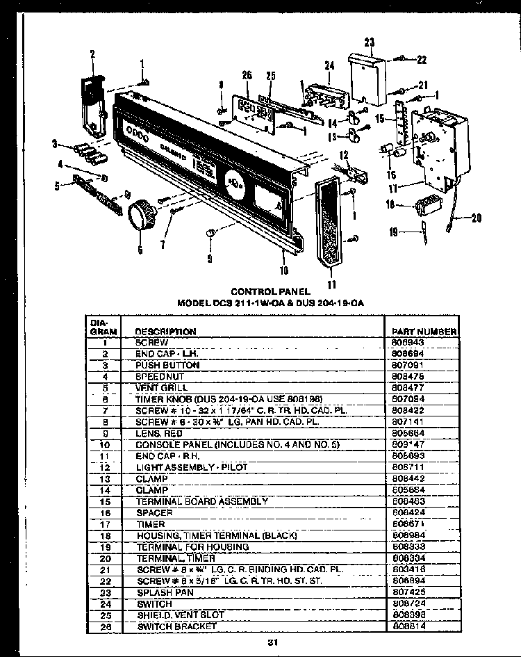 Section 21 Diagram and Parts List for DCS211-1H-OA  Caloric Dishwasher