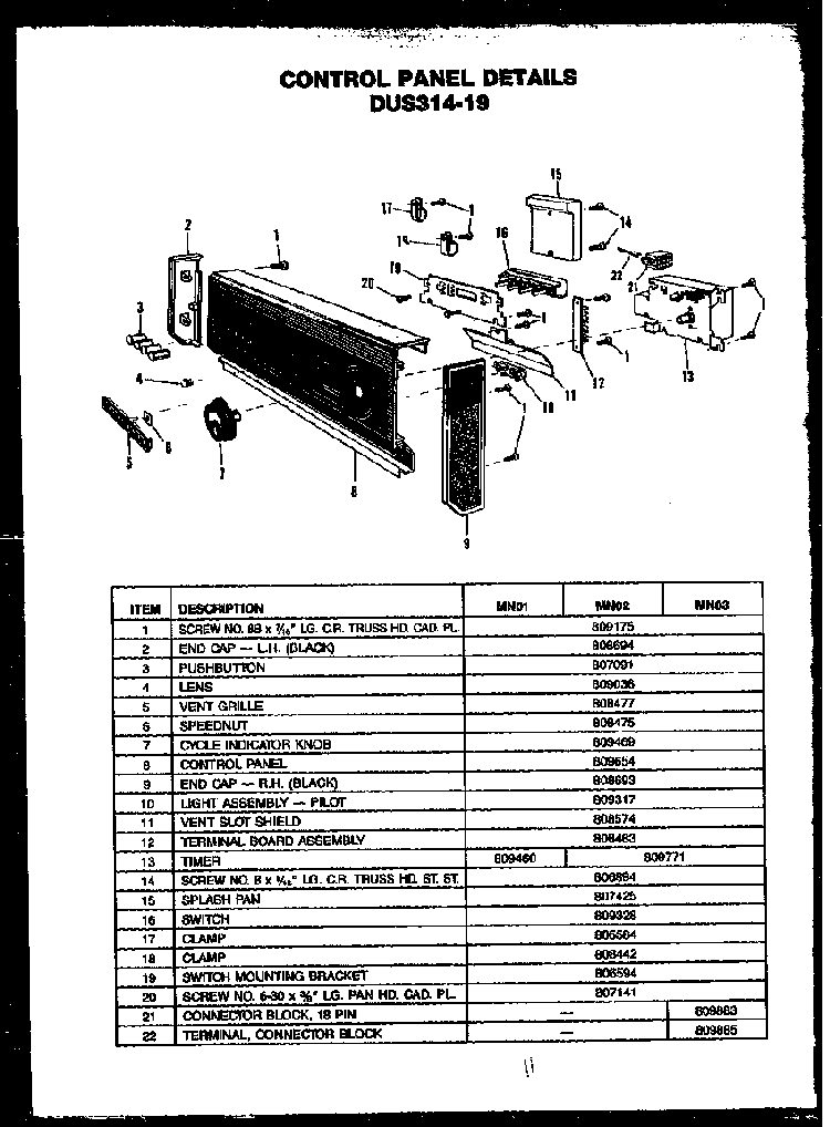 Control Panel Details Diagram and Parts List for DUS314-19 MN02 Caloric Dishwasher