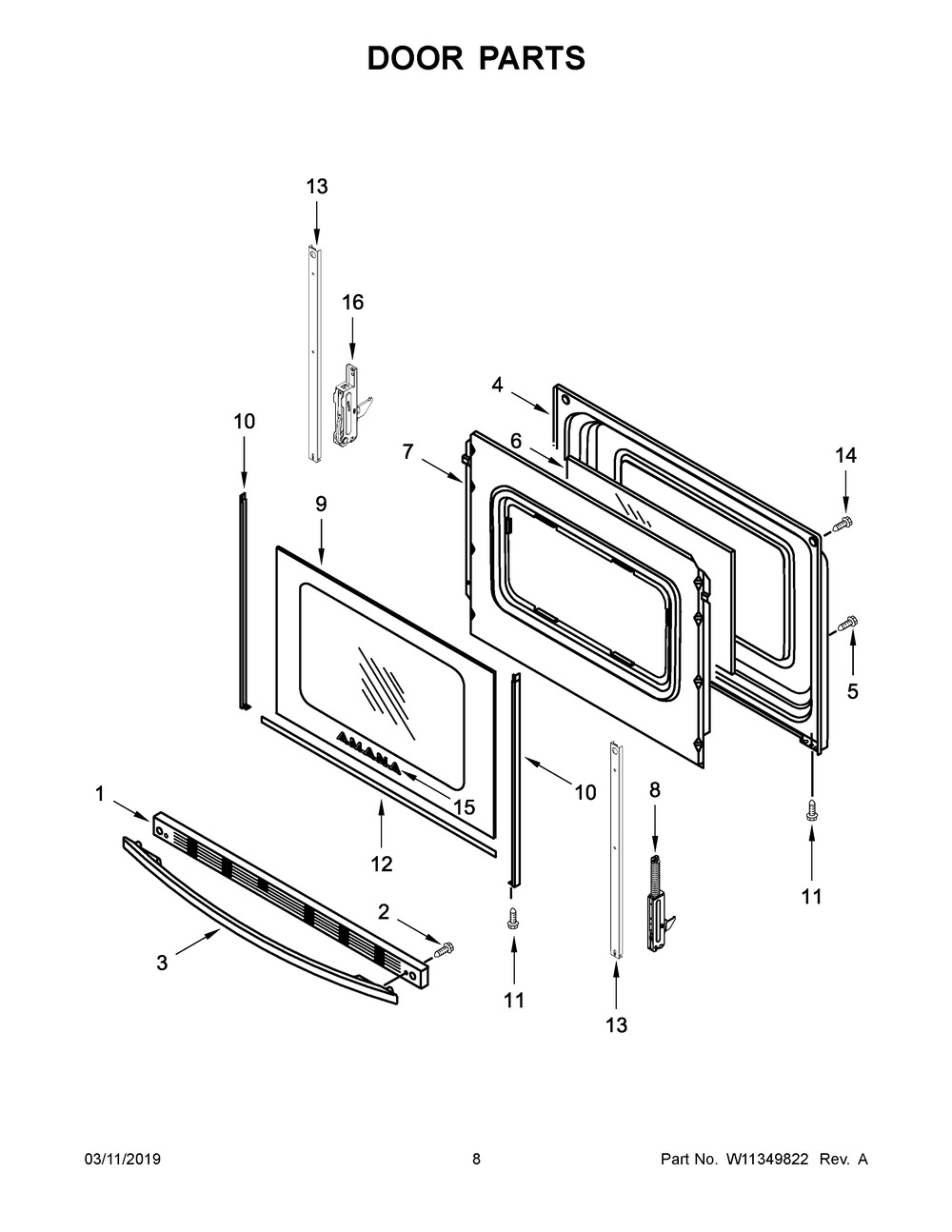 Door Parts Diagram and Parts List for YAER6303MFW2  Maytag Range