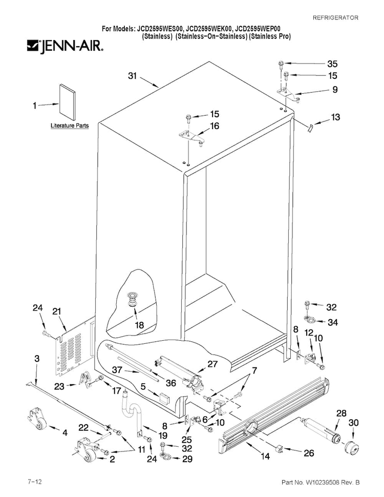 Cabinet Parts Diagram and Parts List for JCD2595WES00  Jenn-Air Refrigerator