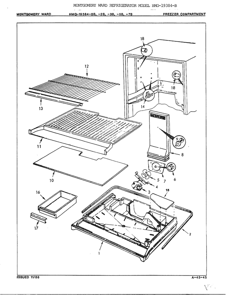 Freezer Compartment Diagram and Parts List for 19384B  Admiral Refrigerator