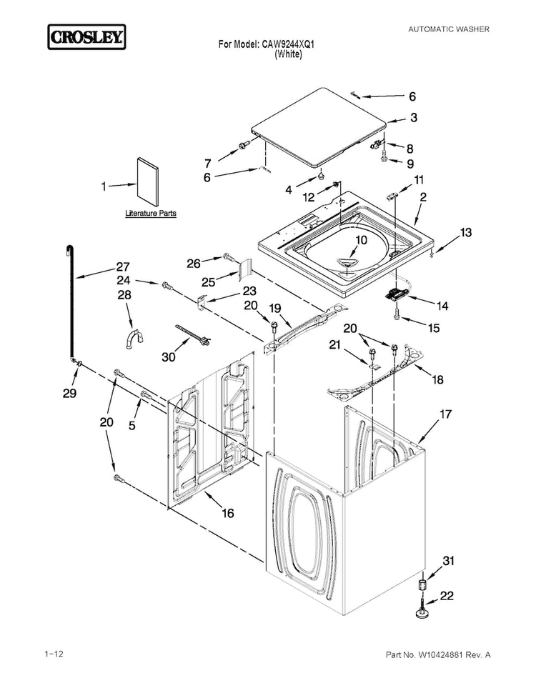 Top And Cabinet Parts Diagram and Parts List for CAW9244XQ1  Crosley Washer