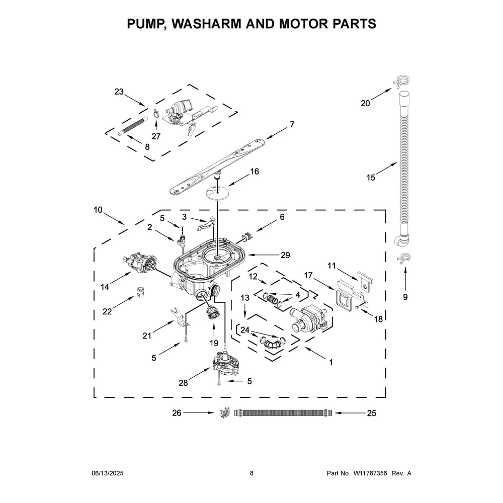 Pump, Washarm And Motor Parts Diagram and Parts List for MDFS3924RZ3  Maytag Dishwasher