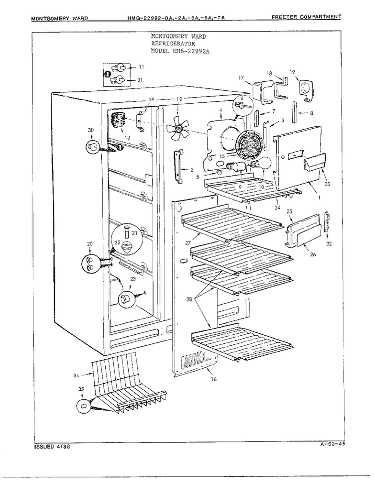 Freezer Compartment Diagram and Parts List for 22992-OA  Admiral Refrigerator