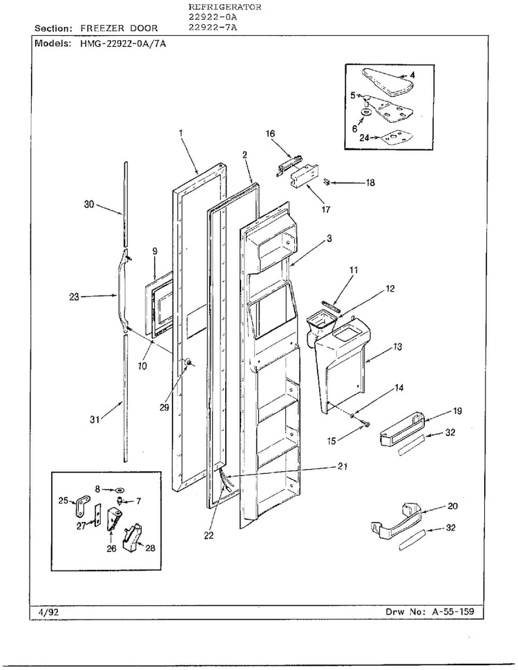 Freezer Door Diagram and Parts List for 22922-7A  Admiral Refrigerator
