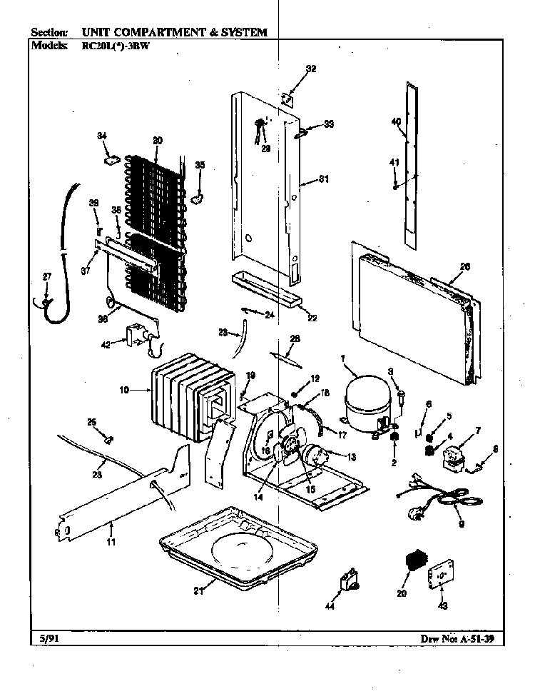 Unit Compartment & System Diagram and Parts List for RC20LA-3BW-BS08A  Magic Chef Refrigerator