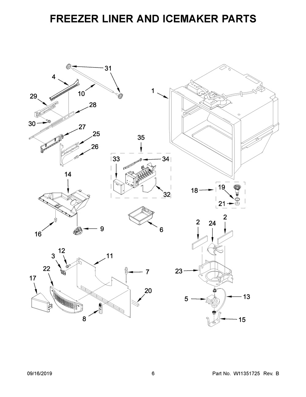 Freezer Liner And Icemaker Parts Diagram and Parts List for MFF2558FEZ03  Maytag Refrigerator