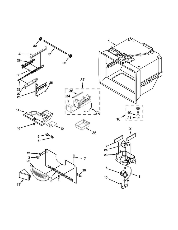 Freezer Liner And Icemaker Parts Diagram and Parts List for MFF2558FEH00  Maytag Refrigerator
