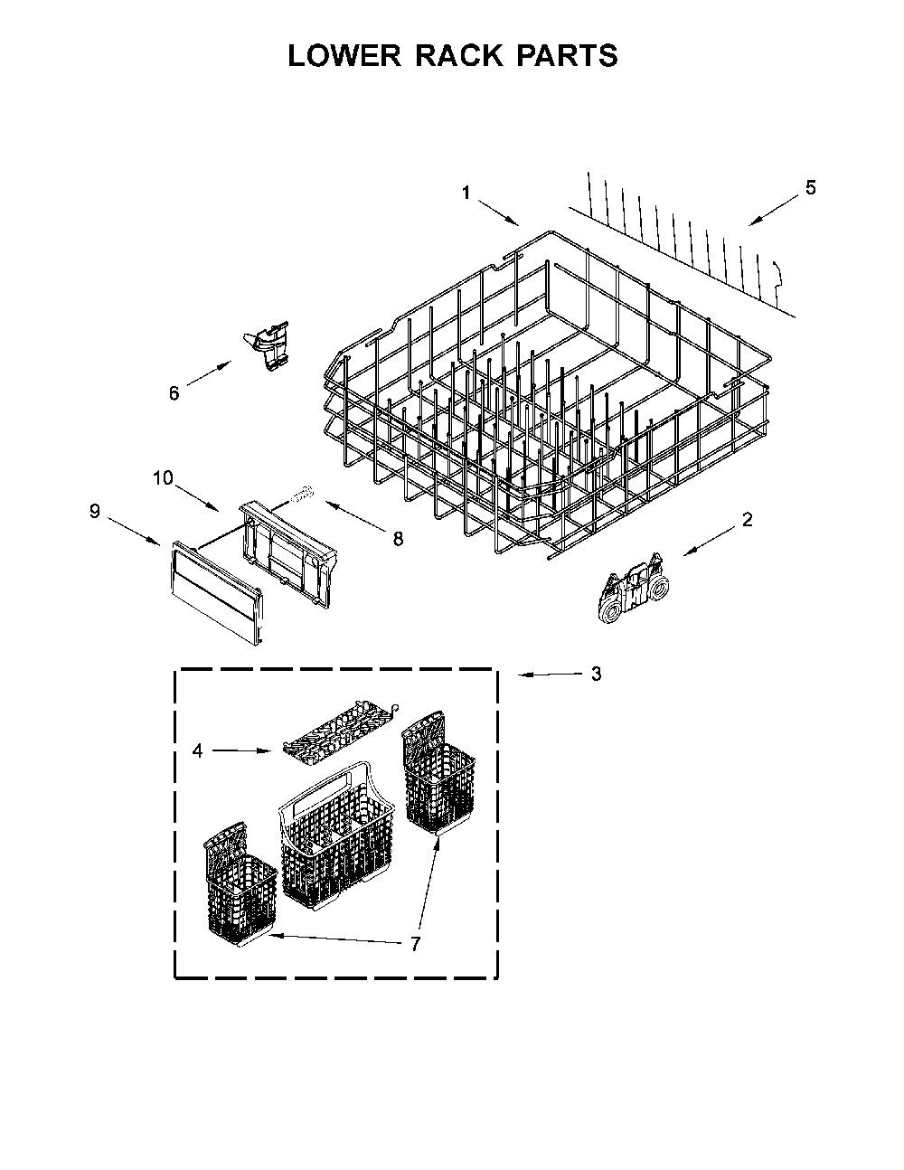 Lower Rack Parts Diagram and Parts List for 66514719N710  Kenmore Dishwasher