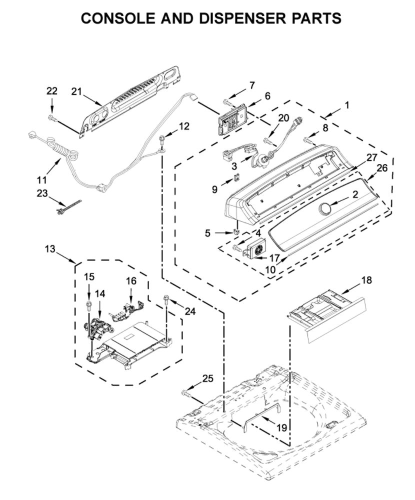 Console And Dispenser Parts Diagram and Parts List for MVWB765FW4  Maytag Washer