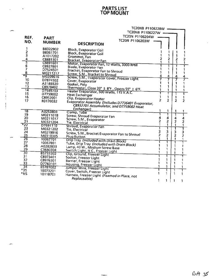 Top Mount Page 18 Diagram and Parts List for TC22N-P116205W  Amana Refrigerator