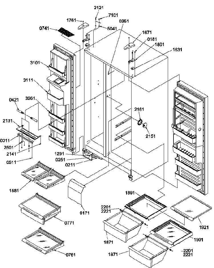 Refrigerator/freezer Shelves, Lights, And Hinges Diagram and Parts List for SRD522SW-P1184707WW  Amana Refrigerator