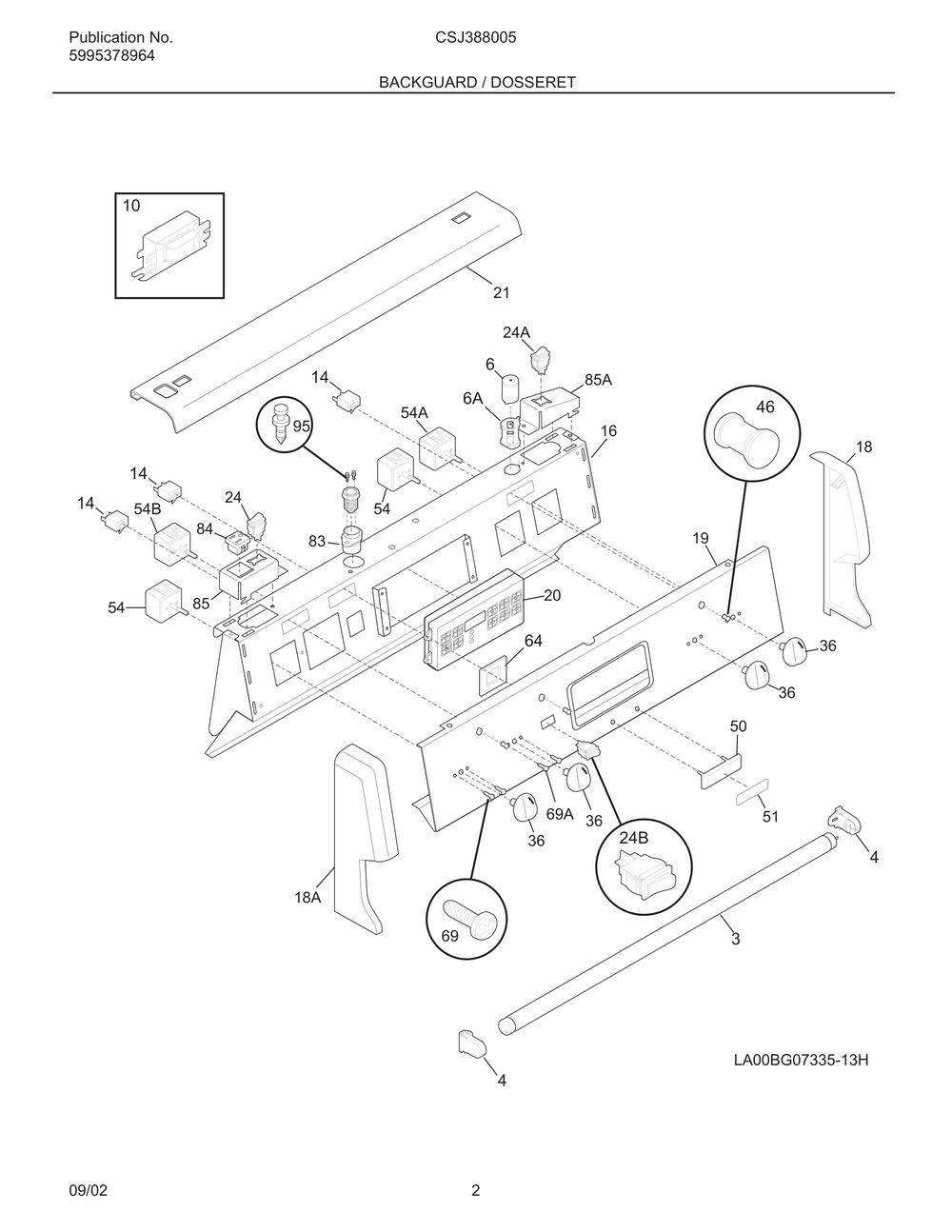 Backguard / Dosseret Diagram and Parts List for CSJ388005  Maytag Range