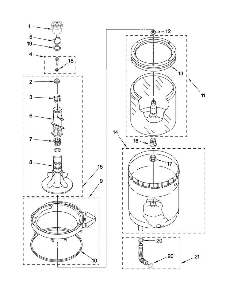 Agitator, Basket And Tub Parts Diagram and Parts List for MGT3800TW2  Maytag Washer Dryer Combo
