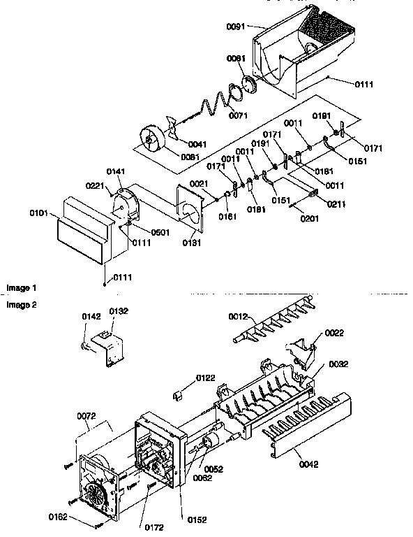 Ice Bucket Auger And Ice Maker Diagram and Parts List for 57082-P1190812WW  Amana Refrigerator