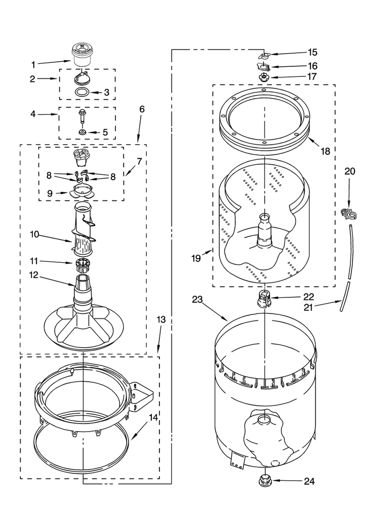 Agitator, Basket And Tub Parts Diagram and Parts List for NTW5400TQ2  Amana Washer