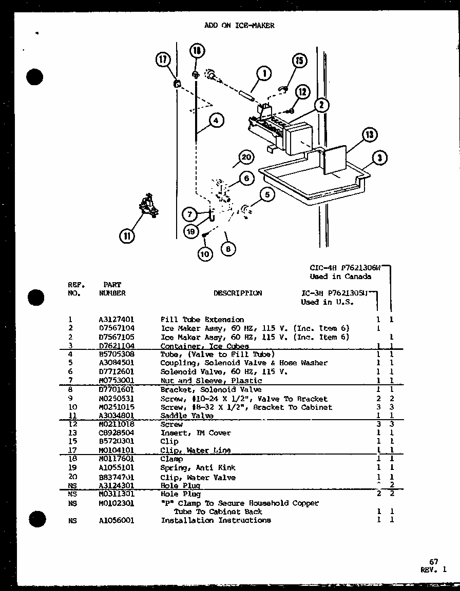 Add On Ice-maker (ic-3h/p7621305w) Diagram and Parts List for TM18H-P7711005W  Amana Refrigerator