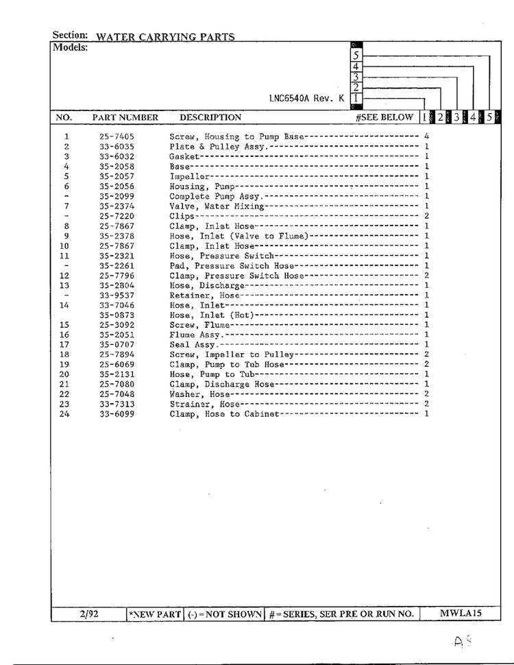 Water Carrying Parts Page 2 Diagram and Parts List for 6540A REV K Norge Washer