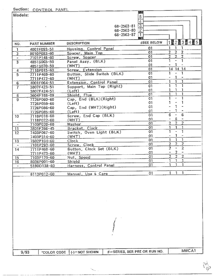 Control Panel Page 2 Diagram and Parts List for 68-2563-87  Magic Chef Range
