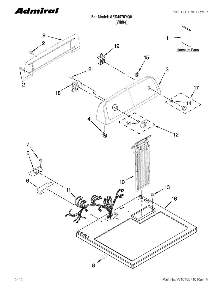 Top And Console Parts Diagram and Parts List for AED4675YQ0  Admiral Dryer
