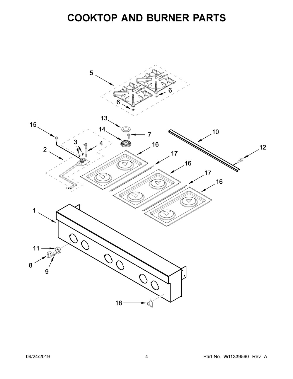 Cooktop And Burner Parts Diagram and Parts List for JGCP436HL00  Maytag Cooktop