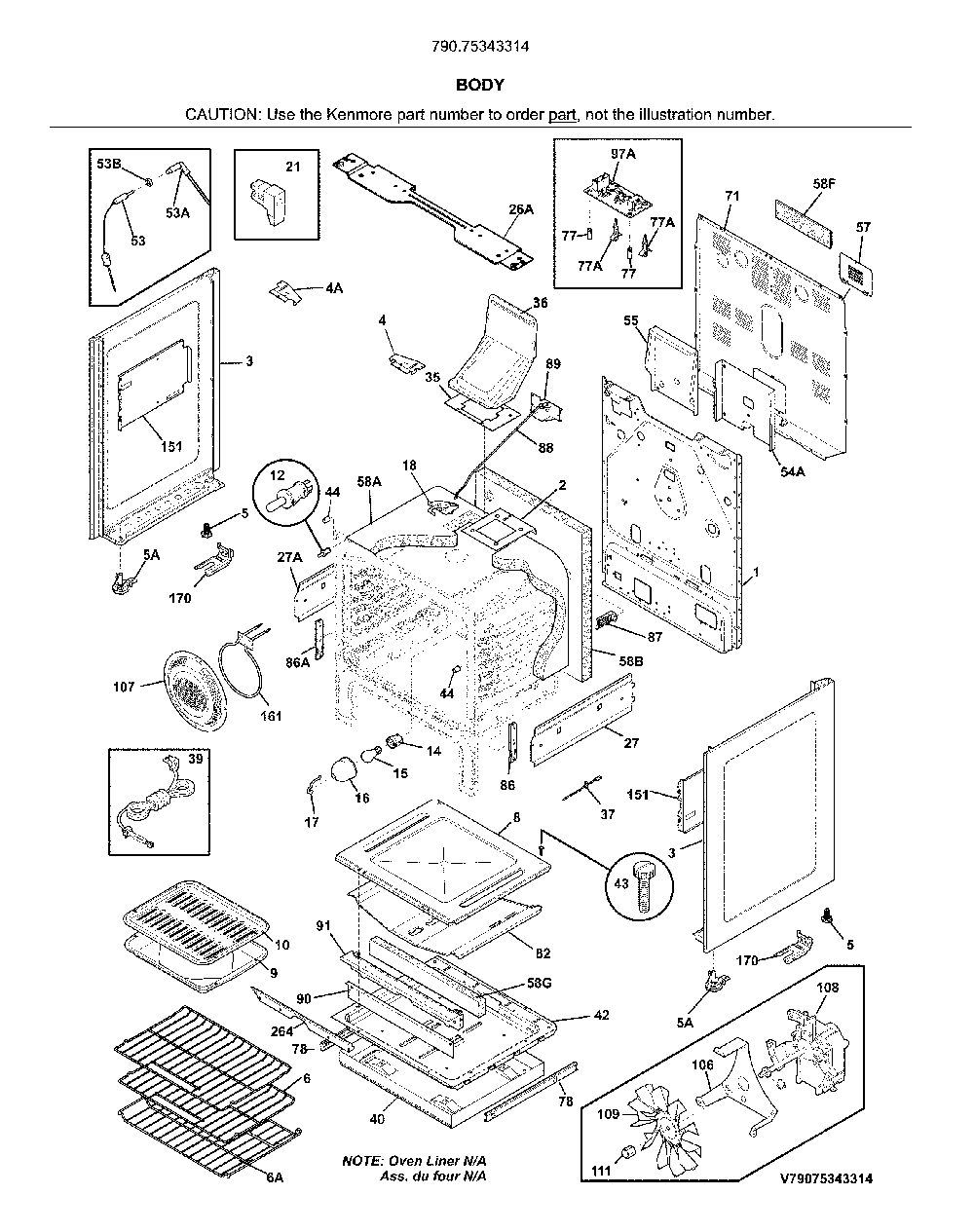 Body Diagram and Parts List for 79075343314  Kenmore Range